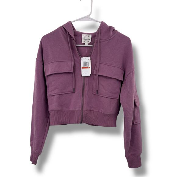 NEW Hippie Rose Cropped Cargo Jacket Small Purple Zip Up Sweatshirt Hoodie - Picture 3 of 7